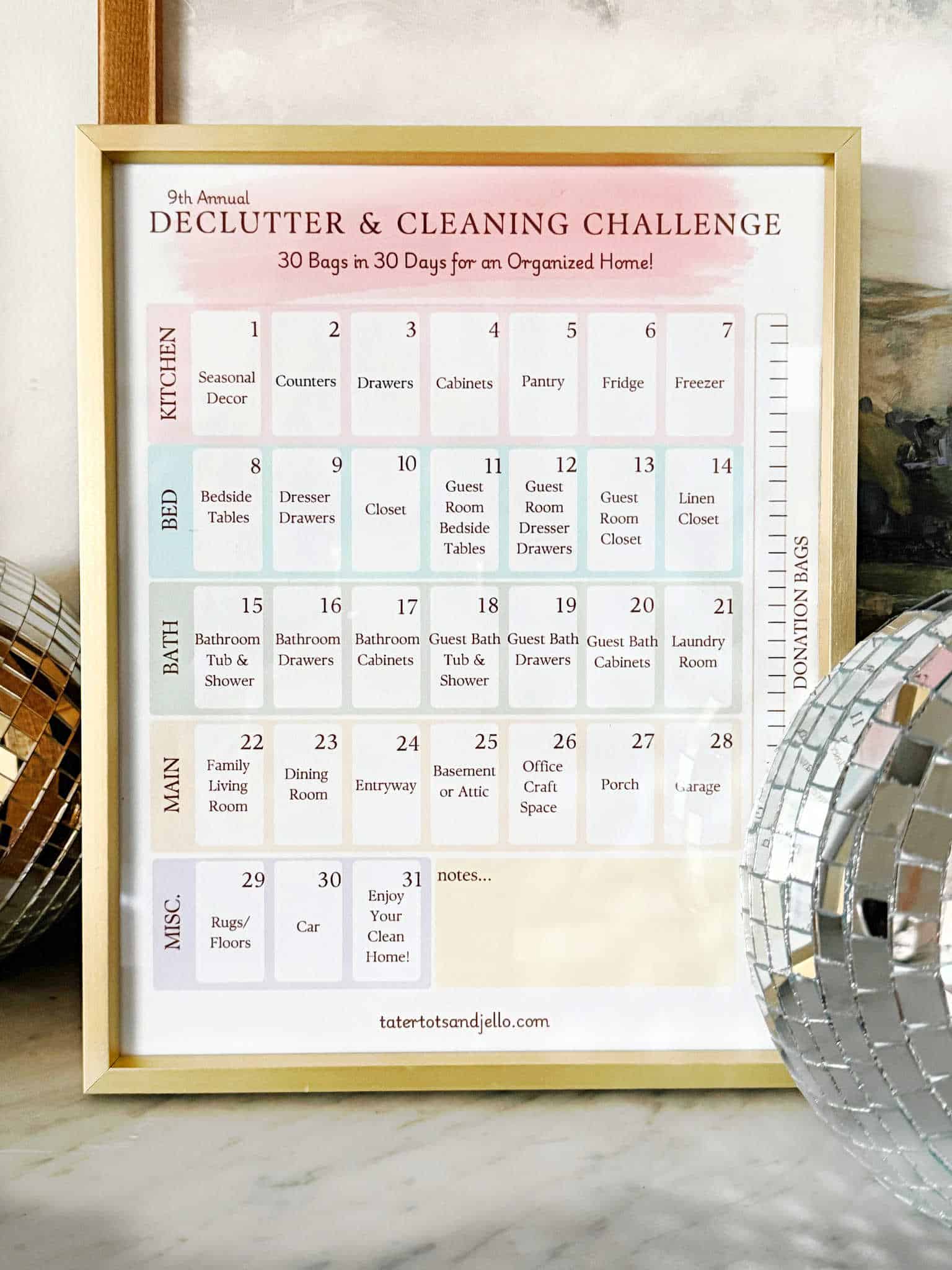 Tatertots and Jello Annual Declutter and Cleaning Challenge. The 9th Annual Tatertots and Jello Declutter Challenge transforms your home in one month by tackling one area a day with daily tasks and free printables.