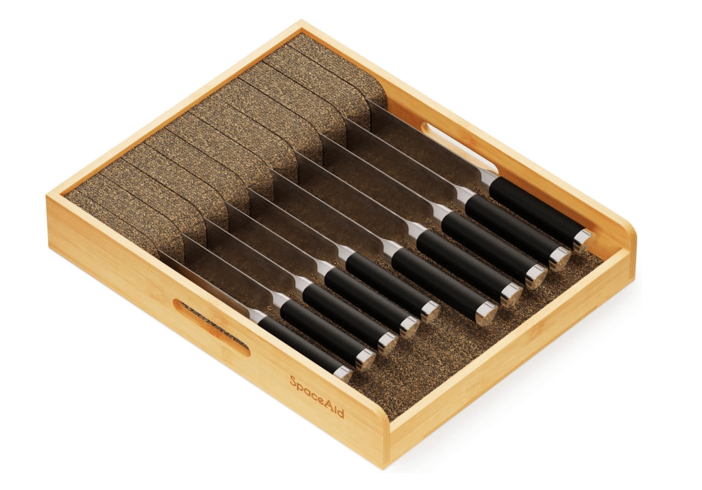 Made from cork and rubber composite, this in drawer knives drawer organizer holds knives up to 12" long in place for storage; SIZE: 15"L x 12"W x 2.5"H