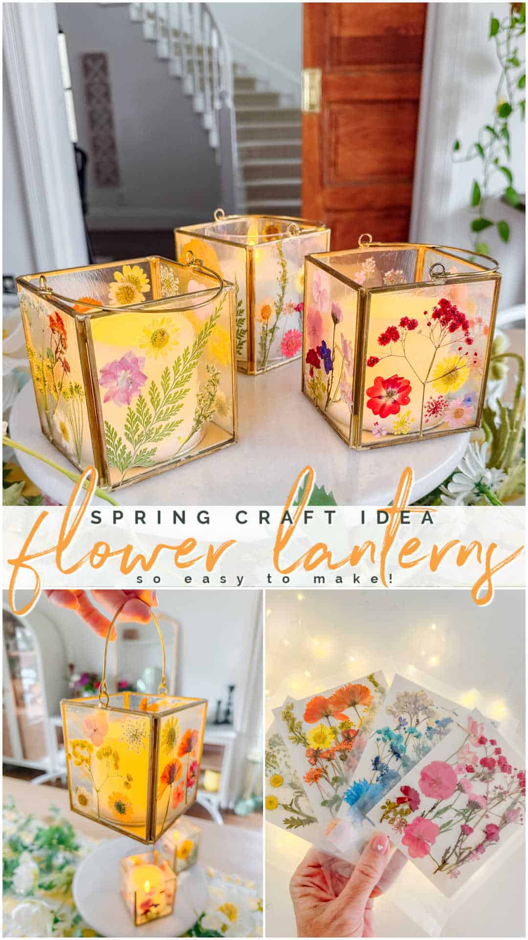 DIY Spring Flower Lanterns. Welcome spring by creating DIY spring flower lanterns with dried flowers, Mod Podge, and glowing candles!