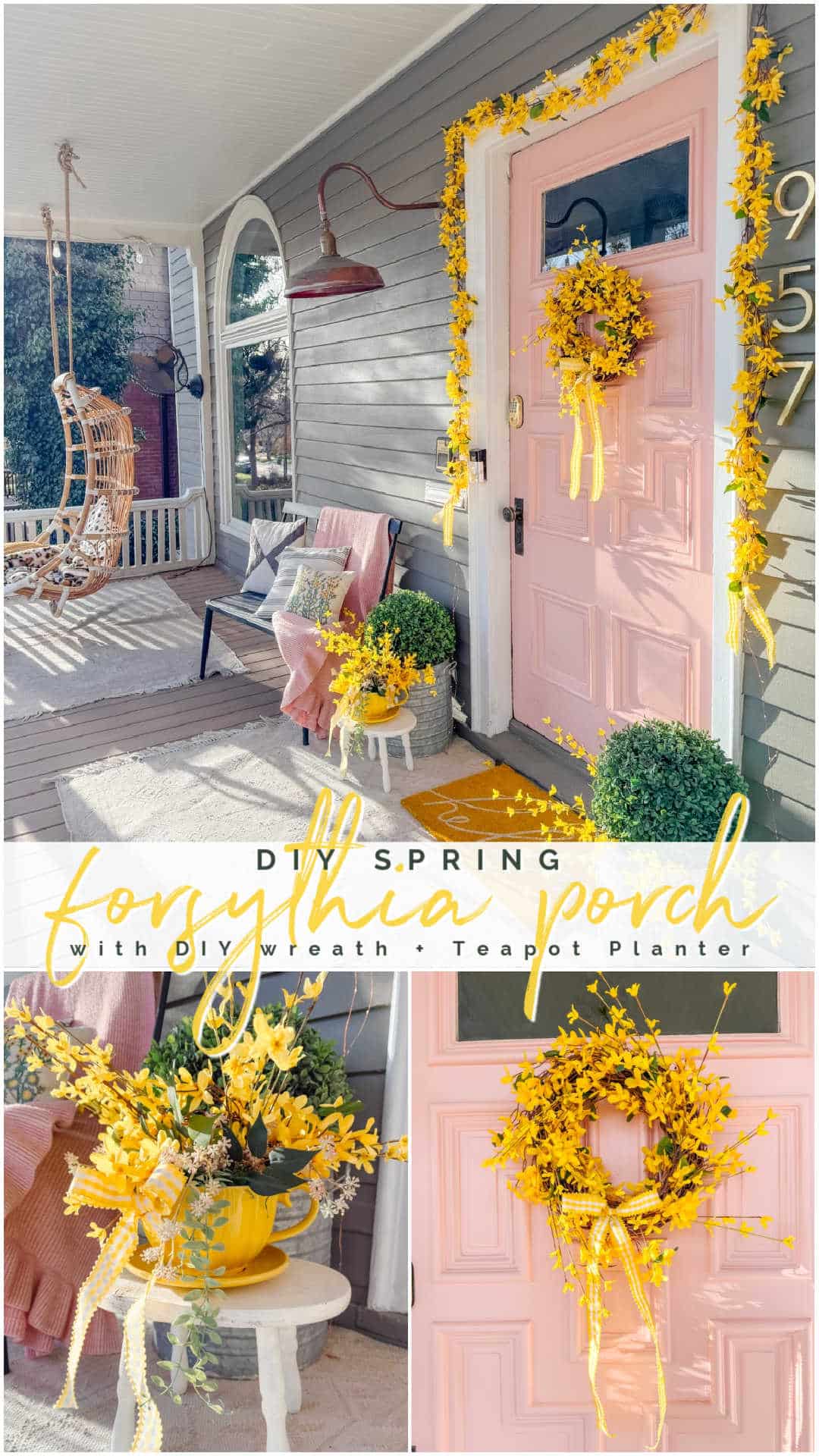 DIY Forsythia Spring Porch! Create a fresh and welcoming spring porch in minutes with vibrant forsythia faux florals, a DIY wreath, a teapot planter and cheerful accents!