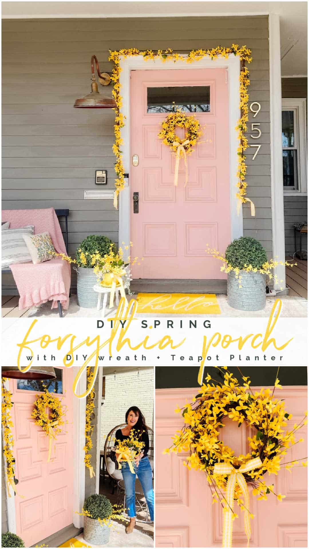 DIY Forsythia Spring Porch! Create a fresh and welcoming spring porch in minutes with vibrant forsythia faux florals, a DIY wreath, a teapot planter and cheerful accents!