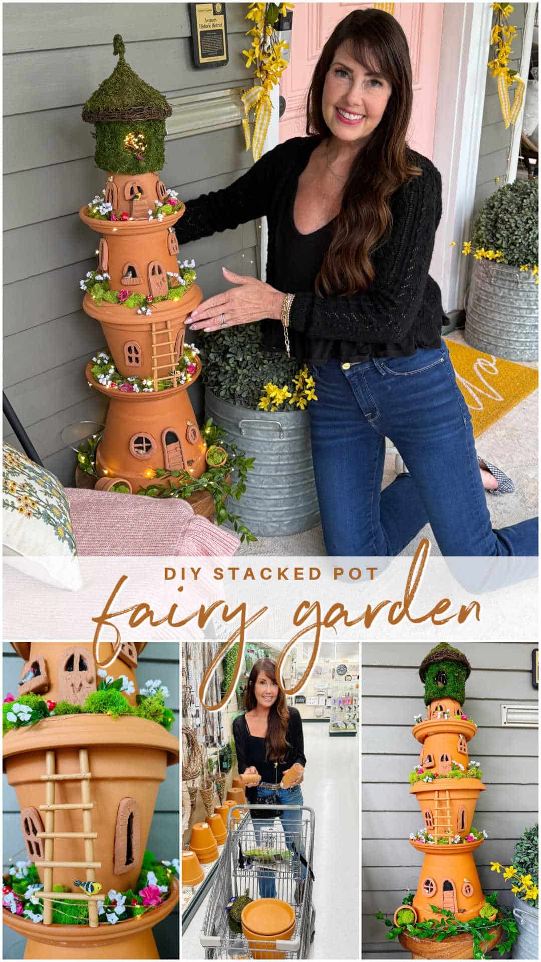 DIY Terra Cotta Pot Fairy Garden – A Magical Spring Craft. Create a whimsical stacked terra cotta fairy garden with clay doors, moss, and magical miniatures to add charm to your spring porch!