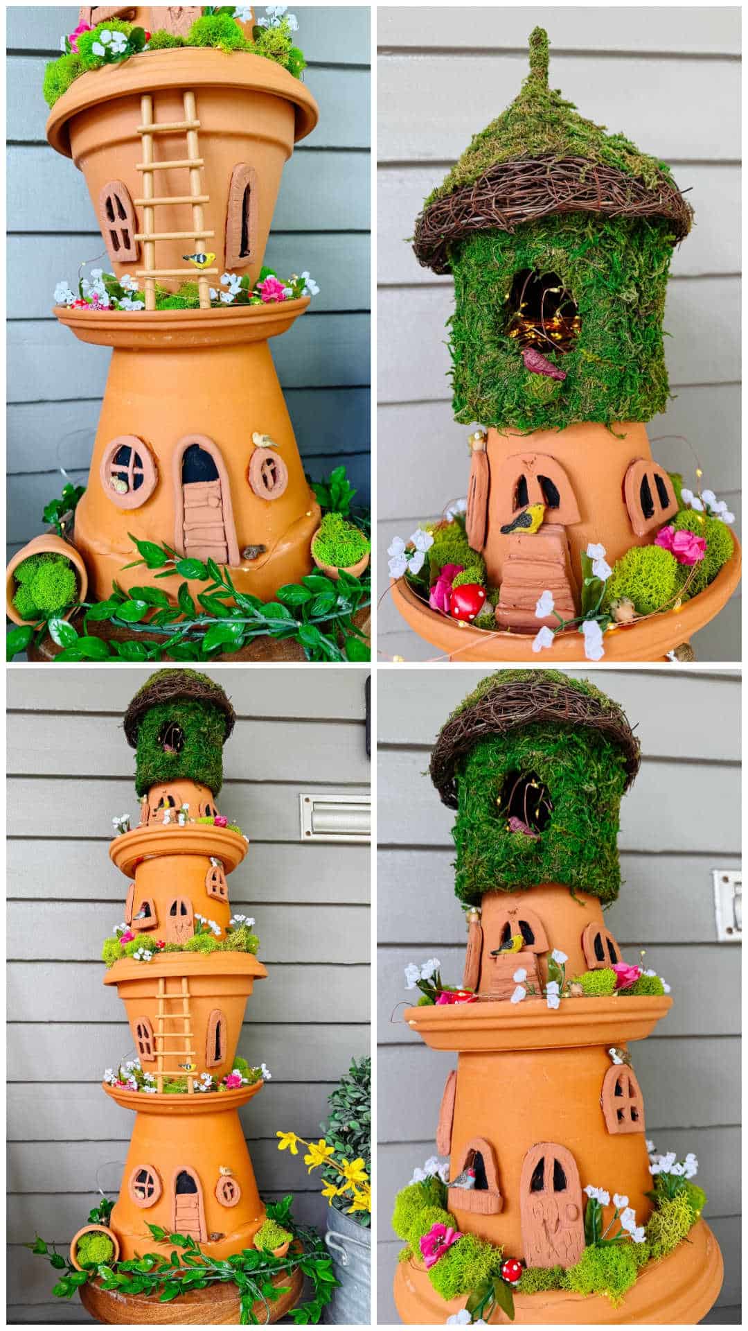 DIY Terra Cotta Pot Fairy Garden – A Magical Spring Craft. Create a whimsical stacked terra cotta fairy garden with clay doors, moss, and magical miniatures to add charm to your spring porch!