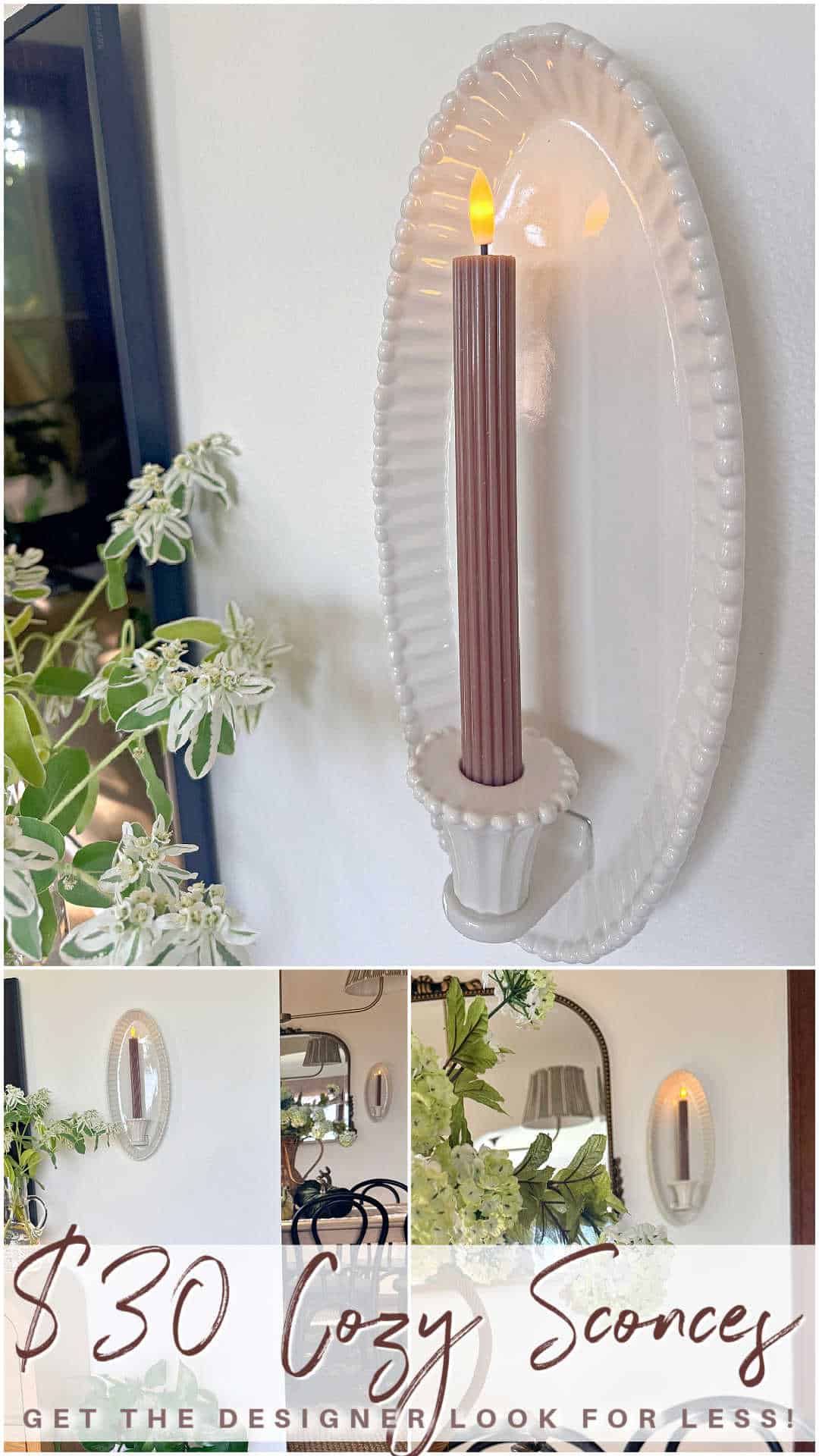 $30 Ceramic Candle Wall Sconces That Look Like Designer Lighting. Create the cozy glow of designer lighting with affordable ceramic candle wall sconces and realistic flameless taper candles.