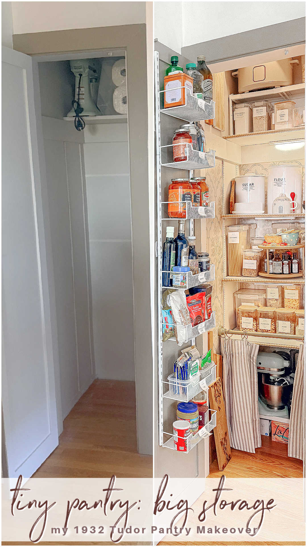 This tiny pantry makeover proves that you don’t need a huge space to create beautiful, functional storage. I transformed the original pantry in my 1932 Tudor with smart storage solutions, wallpaper, pretty containers, a baking station, appliance storage, and vintage-inspired details that make every inch work harder.